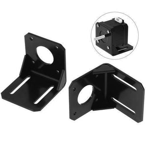 NEMA17 Stepper Motor Alloy Steel Mounting Bracket For CNC & 3d Printer - two black L-shaped metal brackets and one bracket attached to a NEMA17 stepper motor.