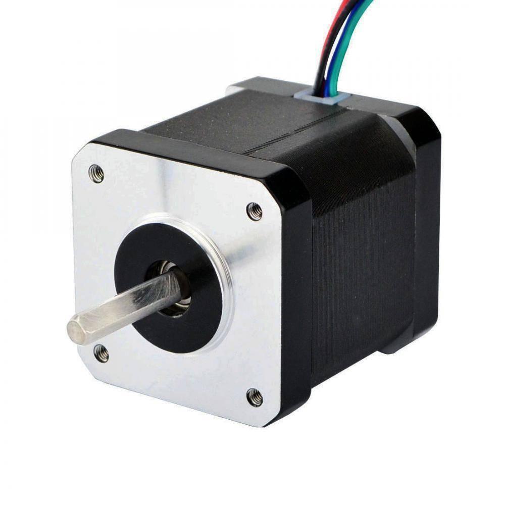 NEMA17 Stepper Motor For 3d Printer And CNC (NEW) 42BYGHW804 - a black and silver square-bodied motor with a protruding metal shaft and a multi-colored wiring harness.
