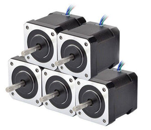 NEMA17 Stepper Motor For 3d Printer And CNC (NEW) 42BYGHW804 - a stack of five black and silver square-bodied stepper motors with metal shafts and multi-colored wire leads.