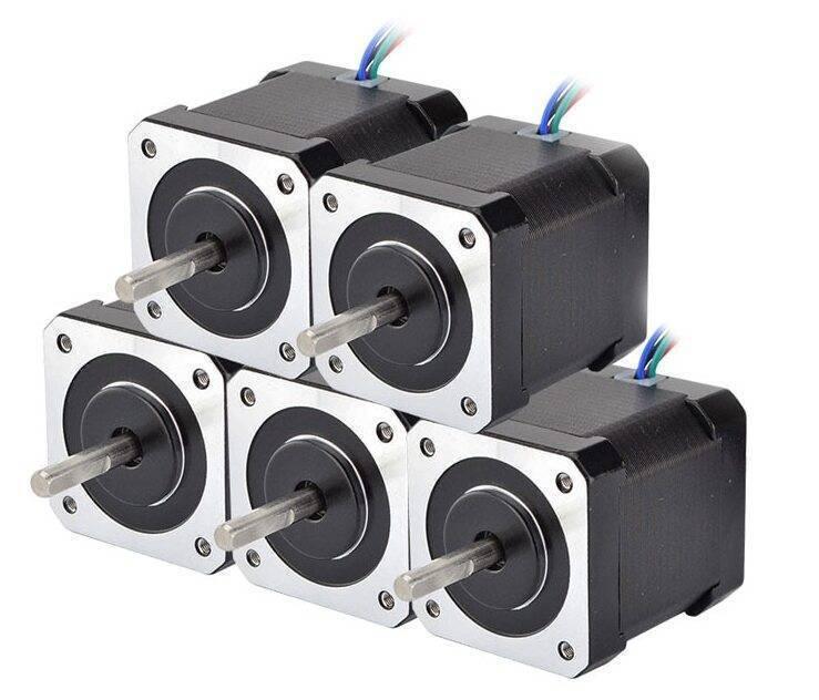 NEMA17 Stepper Motor For 3d Printer And CNC (NEW) 42BYGHW804 - a stack of five black and silver square-bodied stepper motors with metal shafts and multi-colored wire leads.