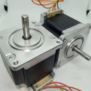 NEMA23 Bipolar 1.8 Degree 2A Stepper Motor Compatible With TB6560 - two silver and black square motors with metal shafts and multi-colored wiring harnesses connected at the rear.