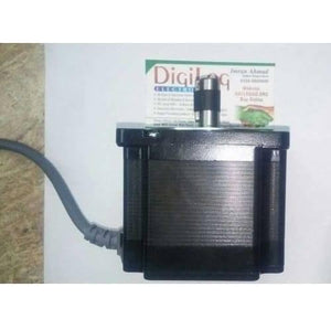 NEMA34 NEMA 34 6nm Torque 75mm Stepper Motor For 3d Printer & CNC - a black square-bodied motor with a silver shaft and an attached grey power cable, positioned in front of a Digilog business card.