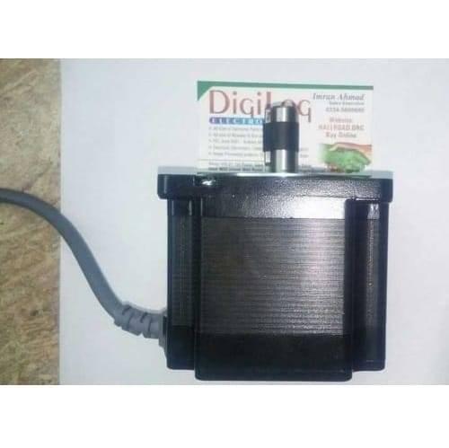 NEMA34 NEMA 34 6nm Torque 75mm Stepper Motor For 3d Printer & CNC - a black square-bodied motor with a silver shaft and an attached grey power cable, positioned in front of a Digilog business card.