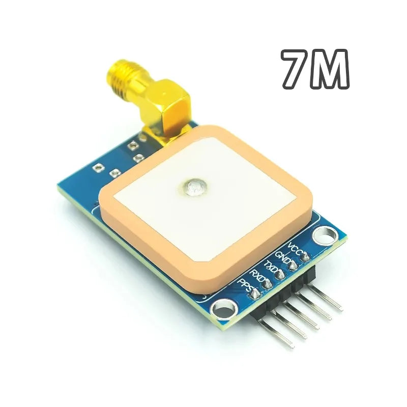 NEO 7M GPS Module Micro USB satellite Positioning Module - with a square ceramic antenna, a gold-coloured SMA connector, and a five-pin header labeled VCC, GND, TXD, RXD, and PPS.