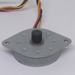 Neocene 2T3542281 DC Stepper Motor 6.1 Ohm - a silver, circular stepper motor with a black plastic gear on its shaft and multi-coloured wires attached.