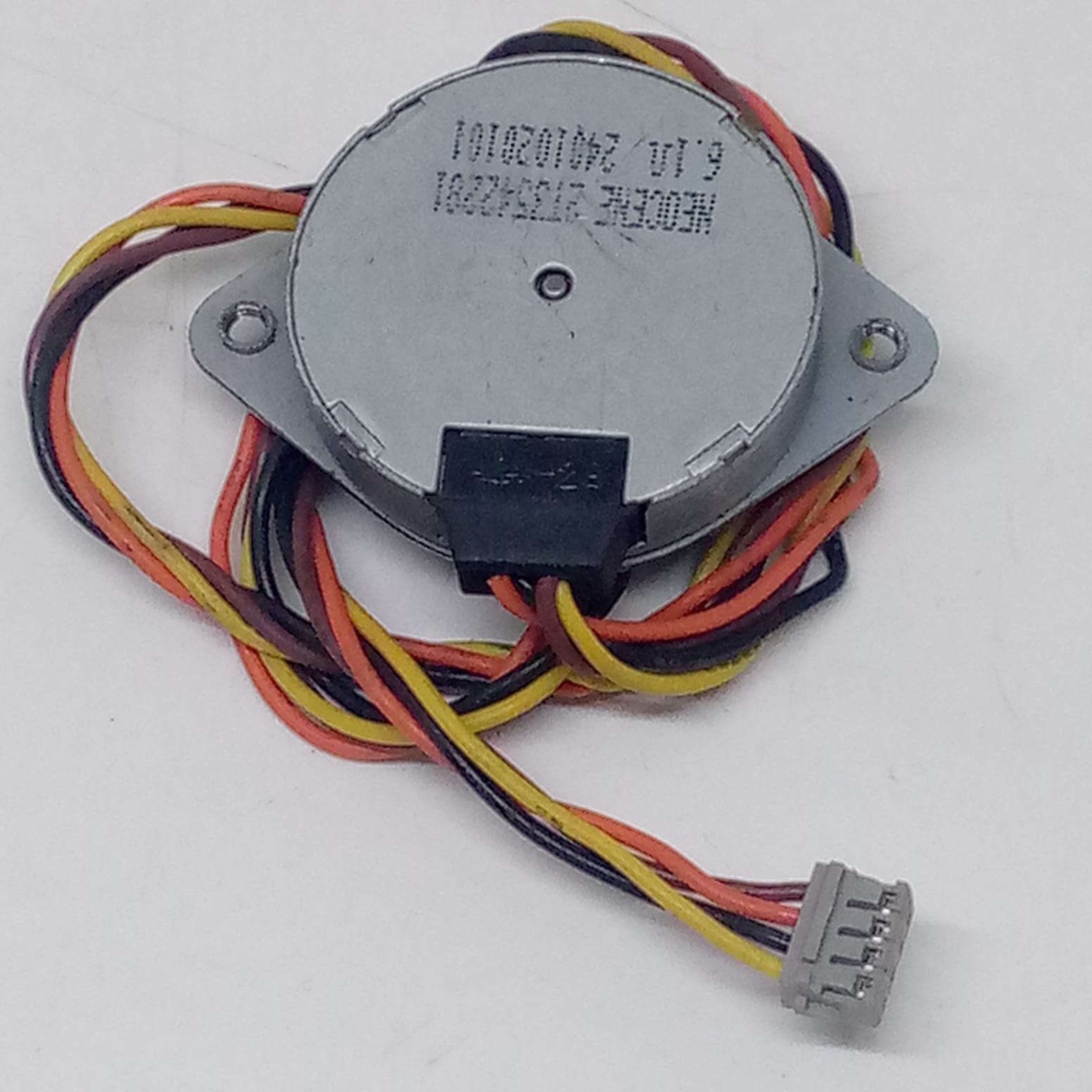 Neocene 2T3542281 DC Stepper Motor 6.1 Ohm - a silver circular motor with a black plastic connector and a multi-coloured wire harness with a plug.