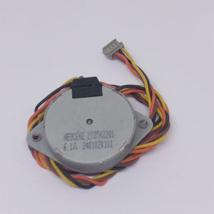 Neocene 2T3542281 DC Stepper Motor 6.1 Ohm - a round silver metal motor with a black plastic connector and a multi-coloured wire harness.