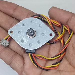 Neocene 2T3542281 DC Stepper Motor 6.1 Ohm - a silver metal housing with a small gear, a 5-pin connector, and attached wire leads.