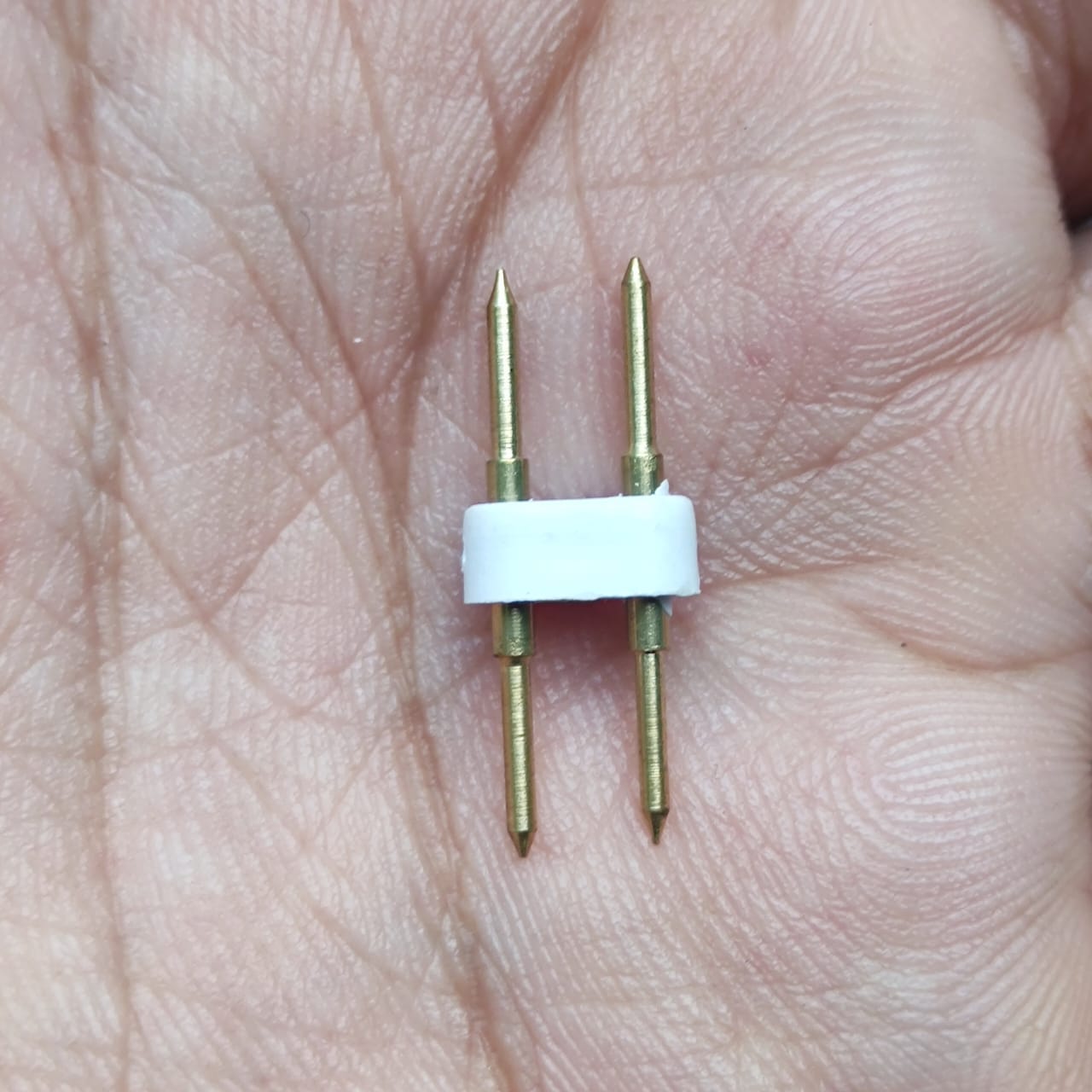 Neon Light Connector Pin - a close-up showing two gold-colored metal pins held together by a small white plastic spacer.
