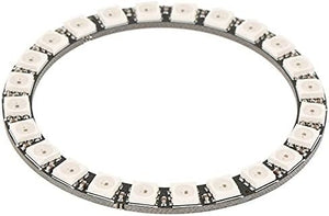 NeoPixel Ring 24bit WS2812 5050 RGB LED - Full Color Programmable Light - a circular black printed circuit board featuring twenty-four white surface-mounted RGB LEDs arranged in a ring.