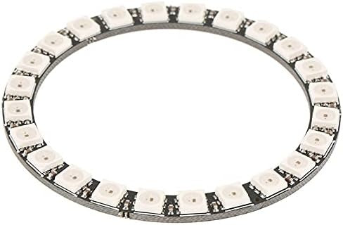 NeoPixel Ring 24bit WS2812 5050 RGB LED - Full Color Programmable Light - a circular black printed circuit board featuring twenty-four white surface-mounted RGB LEDs arranged in a ring.