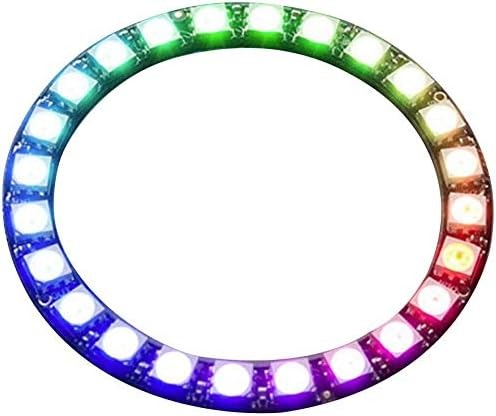 NeoPixel Ring 24bit WS2812 5050 RGB LED - Full Color Programmable Light - a circular circuit board featuring twenty-four individual multi-coloured LEDs arranged in a ring.