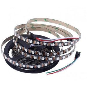 Neopixel WS2812B Addressable LED Strip 60 LED/meter With Remote And Power Supply - coiled on a black plastic spool with a multi-colored wire lead and a black connector.