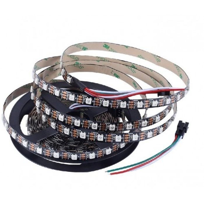 Neopixel WS2812B Addressable LED Strip 60 LED/meter With Remote And Power Supply - coiled on a black plastic spool with a multi-colored wire lead and a black connector.
