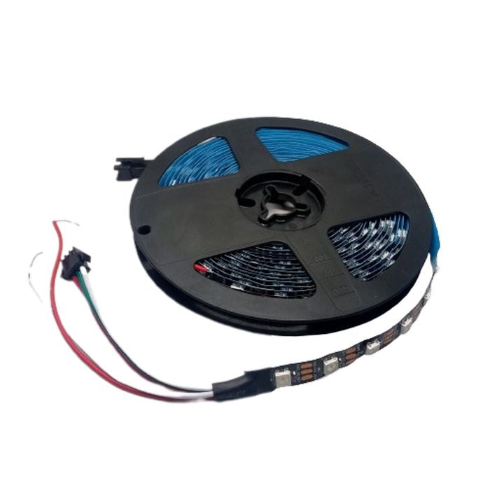 Neopixel WS2812B Addressable LED Strip 60 LED/meter With Remote And Power Supply - a black plastic spool holding a coiled LED strip with a four-pin connector and loose wires.