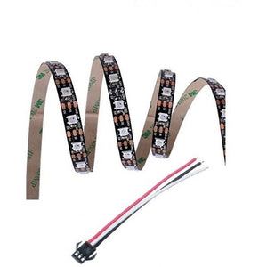 Neopixel WS2812B Addressable LED Strip 60 LED/meter With Remote And Power Supply - a coiled black flexible LED strip with a three-pin connector cable on a white background.