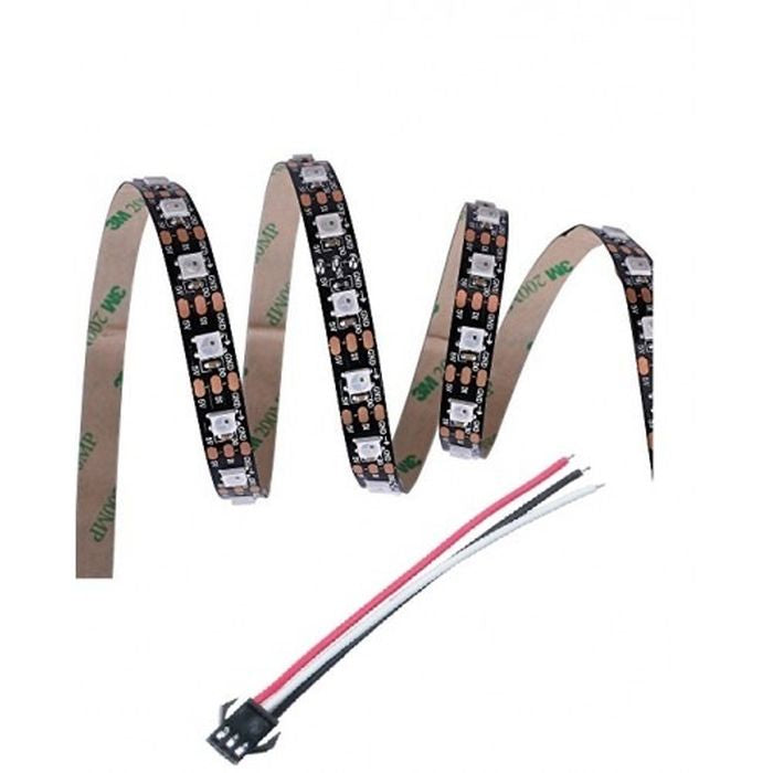 Neopixel WS2812B Addressable LED Strip 60 LED/meter With Remote And Power Supply - a coiled black flexible LED strip with a three-pin connector cable on a white background.