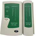 Network Cable Tester Master Bs 468 RJ45 RJ11 - a two-piece beige device with green panels, featuring LED indicators, numbered ports, and a power switch.