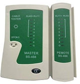 Network Cable Tester Master Bs 468 RJ45 RJ11 - a two-piece beige device with green panels, featuring LED indicators, numbered ports, and a power switch.