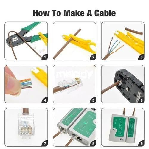 Network Cable Tester Master Bs 468 RJ45 RJ11 - shown in a nine-step instructional diagram illustrating the cable crimping and testing process.