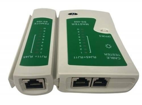 Network Cable Tester Master Bs 468 RJ45 RJ11 - the white master and remote units with RJ45/RJ11 ports, LED indicators, and an ON/OFF/S switch.
