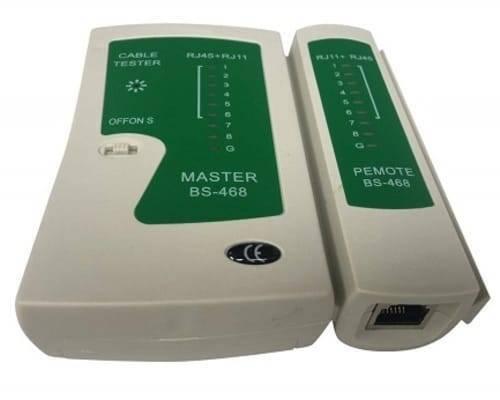 Network Cable Tester Master Bs 468 RJ45 RJ11 - the white and green master unit with a power switch and the remote unit with an RJ45 port.