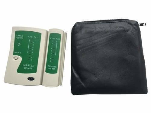Network Cable Tester Master Bs 468 RJ45 RJ11 - the beige master and remote units with green indicator panels and a black zippered carrying case.