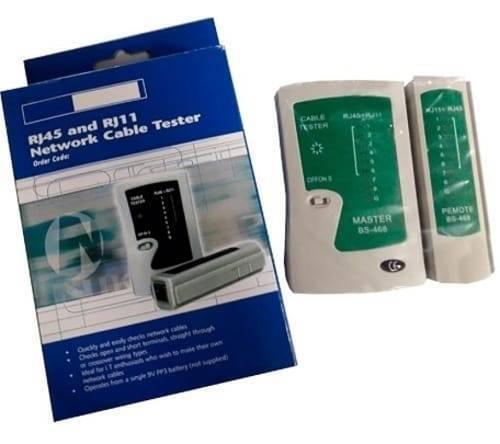 Network Cable Tester Master Bs 468 RJ45 RJ11 - shown with its blue packaging box, a white master unit with a power switch, and a detachable remote unit.
