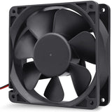 NEW 120mm x 120mm 12V Fan Cooling Fan for Computer and Other Electronic Devices - a black square computer cooling fan with seven blades and a red and black power cable extending from one corner.