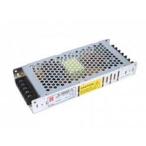 New 5V 40A 200W Switching Power Supply SMPS - a silver metal rectangular unit with a perforated top cover, side terminal block, and yellow caution label.