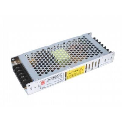 New 5V 40A 200W Switching Power Supply SMPS - a silver metal rectangular unit with a perforated top cover, side terminal block, and yellow caution label.