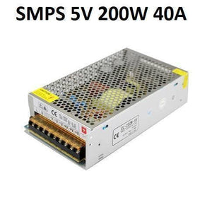 New 5V 40A 200W Switching Power Supply SMPS - shown as a rectangular silver metal unit with a perforated top cover and a terminal block on the side.