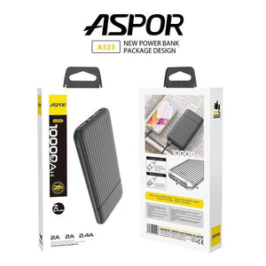 New ASPOR Power Bank 10000mAh Charging Fast With 2 USB Ports Battery Indicator Model A323 - shown in its black retail packaging box, featuring the device, its ports, and product specifications printed on the back.
