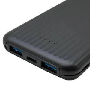 New ASPOR Power Bank 10000mAh Charging Fast With 2 USB Ports Battery Indicator Model A323 - a black, textured portable charger showing two USB output ports, one input port, and four small battery indicator LED lights.