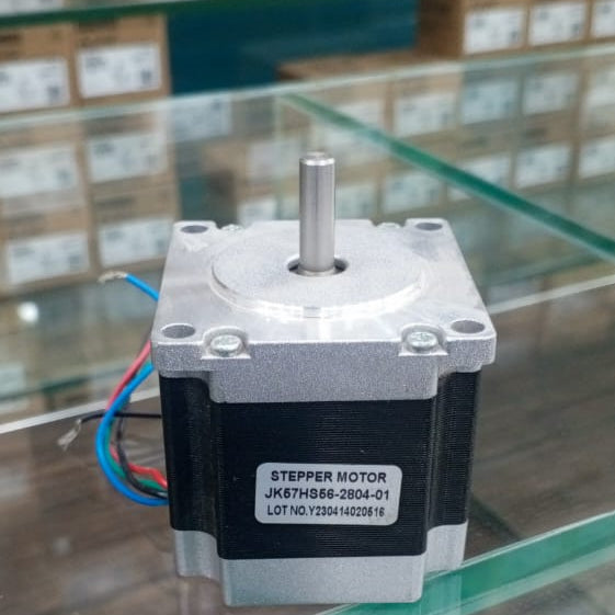 New NEMA 23 Stepper Motor JK57HS56-2804-01 - a silver and black square motor with a central metal shaft and four colored wires extending from the side.