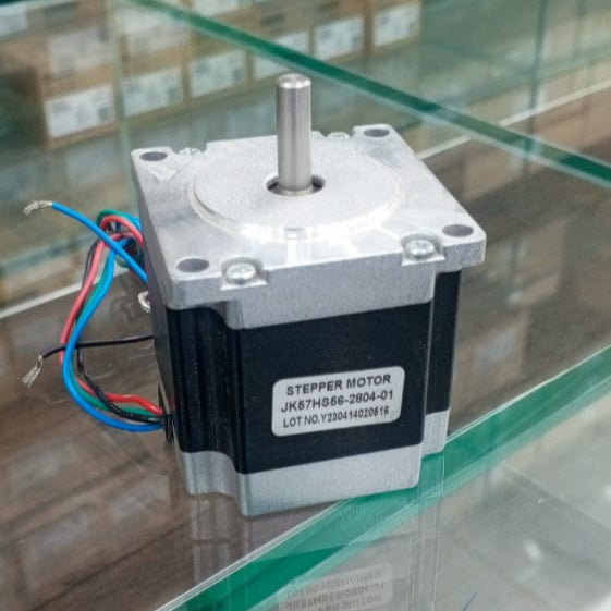 New NEMA 23 Stepper Motor JK57HS56-2804-01 - a square black and silver motor with a central shaft and four colored wires extending from the side.