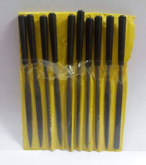 Newest 10pcs/set Diamond Needle File Set Precision Files Repair Craft Jewellery Glass Tool 2x100mm - ten assorted metal needle files with black handles arranged in a yellow plastic storage pouch.