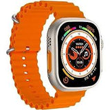 Newest 2024 T900 Ultra 2 Smartwatch 2.09 Inches Large Screen Long Standby Time Brightness Display - with a bright orange silicone strap and a rectangular silver case featuring a digital watch face displaying time and icons.