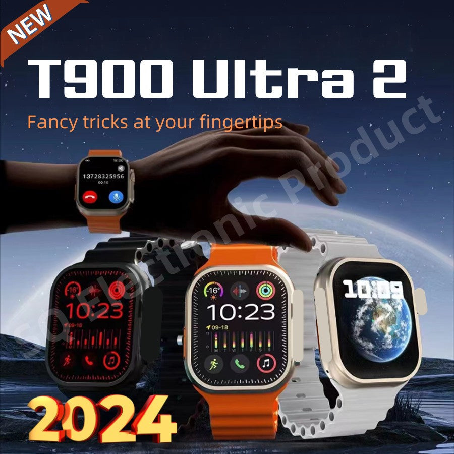Newest 2024 T900 Ultra 2 Smartwatch 2.09 Inches Large Screen Long Standby Time Brightness Display - three watches in black, orange, and white with digital displays, set against a space background.