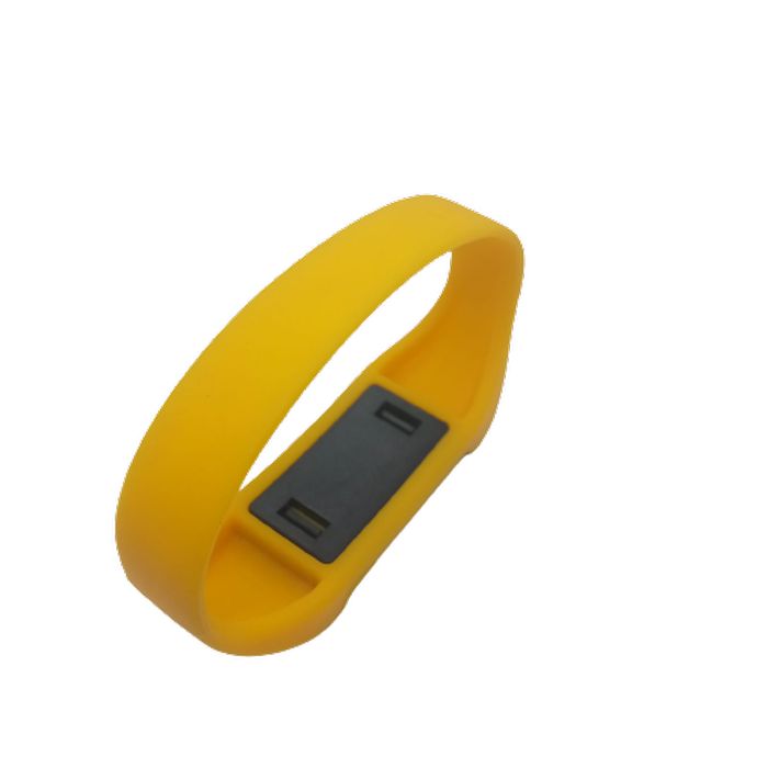 NFC IC 125kHz Bracelet RFID - a yellow silicone wristband featuring a rectangular black sensor module on the inner surface.