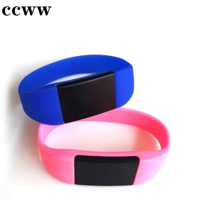 NFC IC 125kHz Bracelet RFID - one blue and one pink silicone wristband, each featuring a black rectangular central module.