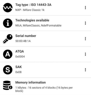 NFC Tag 13.56MHz RFID Card RFID Tag 1k Memory - a smartphone screen displaying technical tag details including ISO 14443-3A type and serial number.