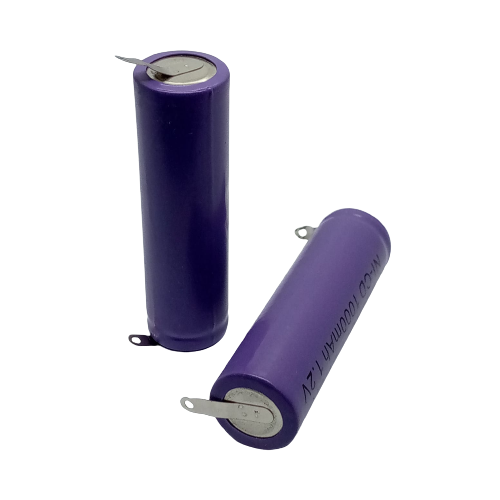 Ni-Cd AA Cell Rechargeable Battery 1000mAh 1.2V - shown as two purple cylindrical batteries with metal solder tabs on a white background.