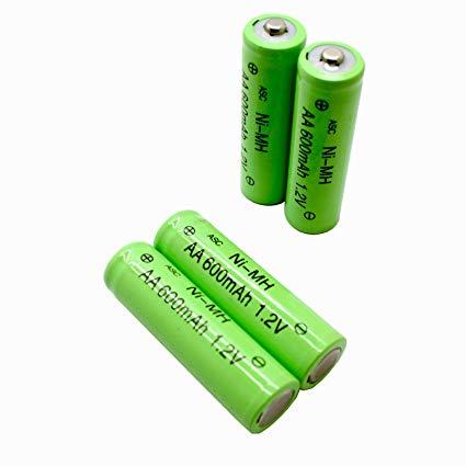 Ni-MH AA 1.2V 600mAh Rechargeable Battery - four green cylindrical AA batteries arranged with two standing upright and two lying horizontally.