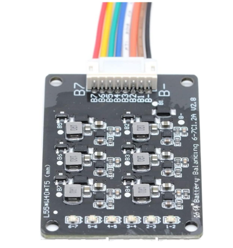 Nickis 7s Li Ion Battery Balancer With LED Light Maximizing Battery Lifespan - a black rectangular circuit board with a multi-coloured ribbon cable, LED indicators, and B- through B7 markings.
