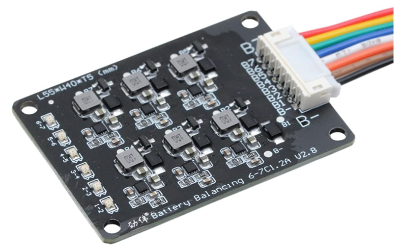 Nickis 7s Li Ion Battery Balancer With LED Light Maximizing Battery Lifespan - a black rectangular circuit board with six LED indicators, a multi-pin connector, and a wire harness attached.