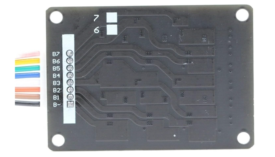 Nickis 7s Li Ion Battery Balancer With LED Light Maximizing Battery Lifespan - a black rectangular circuit board with a multi-coloured wire harness, labelled B- through B7 pins, and two LEDs.
