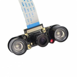Night Vision 5MP Camera Module For Raspberry Pi With 2 IR LEDS - with two IR LEDs, featuring a central lens, a red indicator light, and a connected blue ribbon cable.
