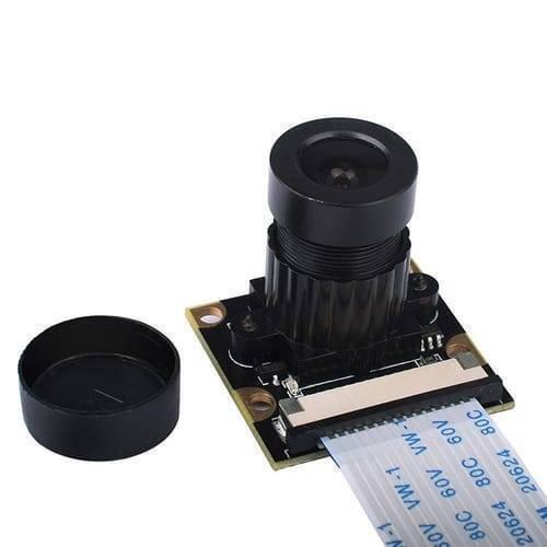 Night Vision 5MP Camera Module For Raspberry Pi With 2 IR LEDS - a black camera lens on a circuit board with a ribbon cable and a separate black lens cap.