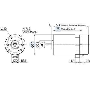 Nisca Servo DC Motor With Encoder NF5475E DC 24V To 38V And 3500 To 5000RPM - front view dimensions, side profile measurements, and mounting hole specifications.